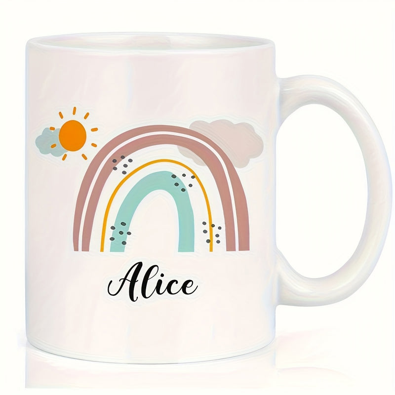 Tailorly White Ceramic 11 oz Mug - Alice Soft Boho Earthy Arches Beneath Bright Sun And Gentle Clouds Rainbow
