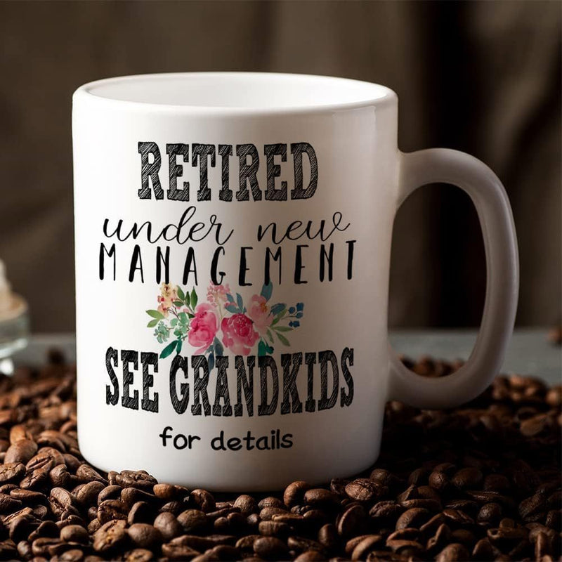 Tailorly White Ceramic 11 oz Mug - Retired Under New Management See Grandkids For Details Delicate Pink Roses With Green Leaves And Colorful Spring Petals Mug