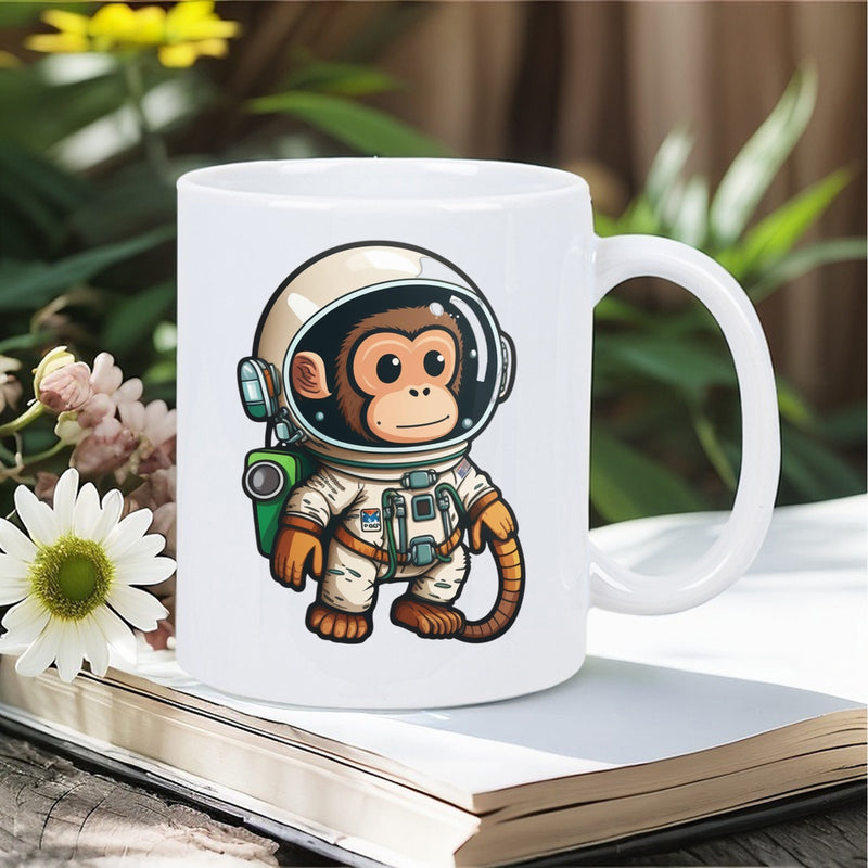 Tailorly White Ceramic 11 oz Mug - Adorable Space Explorer Wearing White Suit And Shiny Glass Helmet Monkey