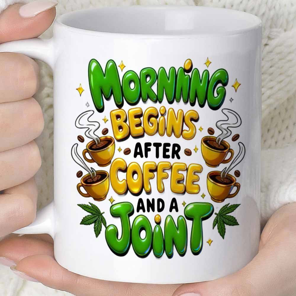 Tailorly White Ceramic 11 oz Mug - Morning Begins After Coffee And A Joint Playful Colorful Design With Steaming Cups And Green Leaves Mug