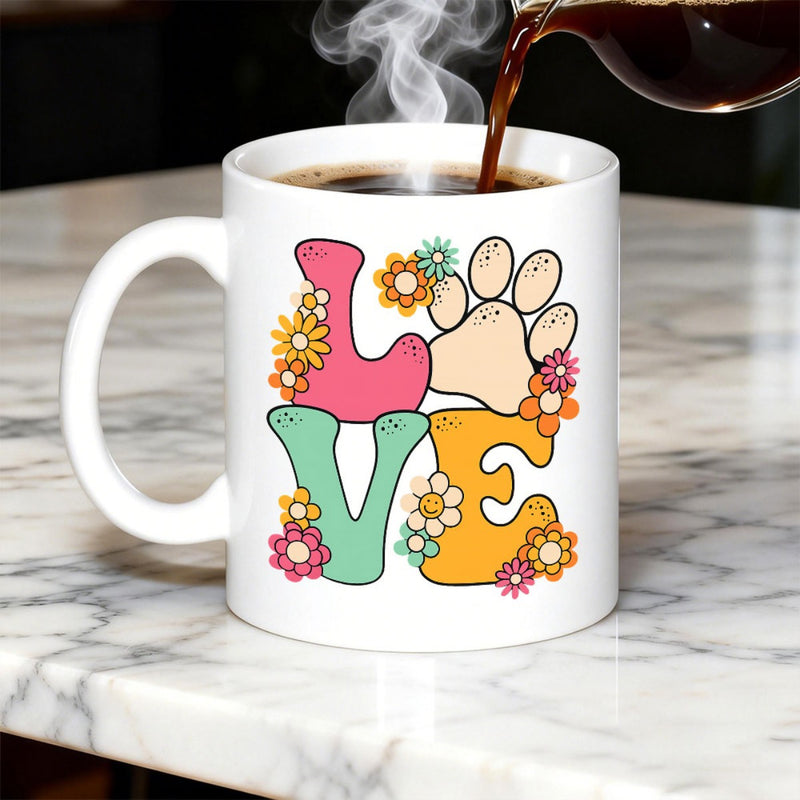 Tailorly White Ceramic 11 oz Mug - Love Retro Style Colorful Bubble Letters Surrounded By Vibrant Daisy Flowers And A Cute Paw