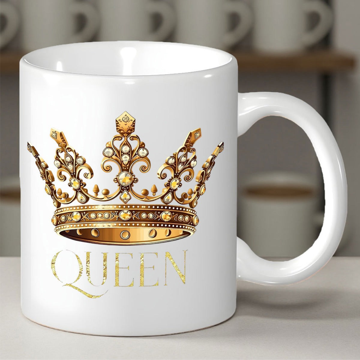 Tailorly White Ceramic 11 oz Mug - Queen Ornate Golden Royal Tiara With Sparkling Jewels And Intricate Details Crown