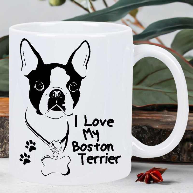 Tailorly White Ceramic 11 oz Mug - I Love My Boston Terrier Minimalist Line Art Drawing Of A Loyal Sitting Dog Terrier