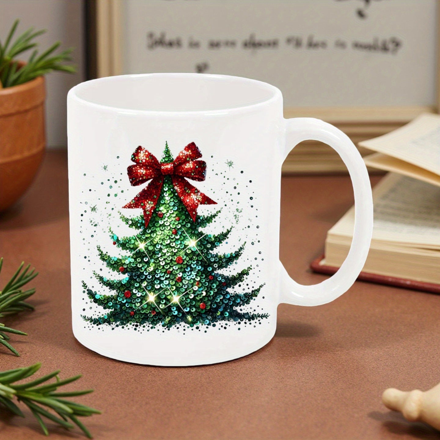 Tailorly White Ceramic 11 oz Mug - Sparkling Green Festive Foliage Decorated With Large Shimmering Red Bow Christmas Tree