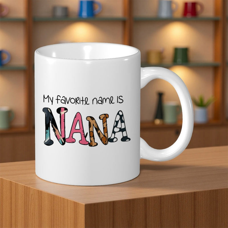 Tailorly White Ceramic 11 oz Mug - My Favorite Name Is Nana Artistic Ceramic Surface Featuring Decorative Patterned Letters With Animal Prints Mug