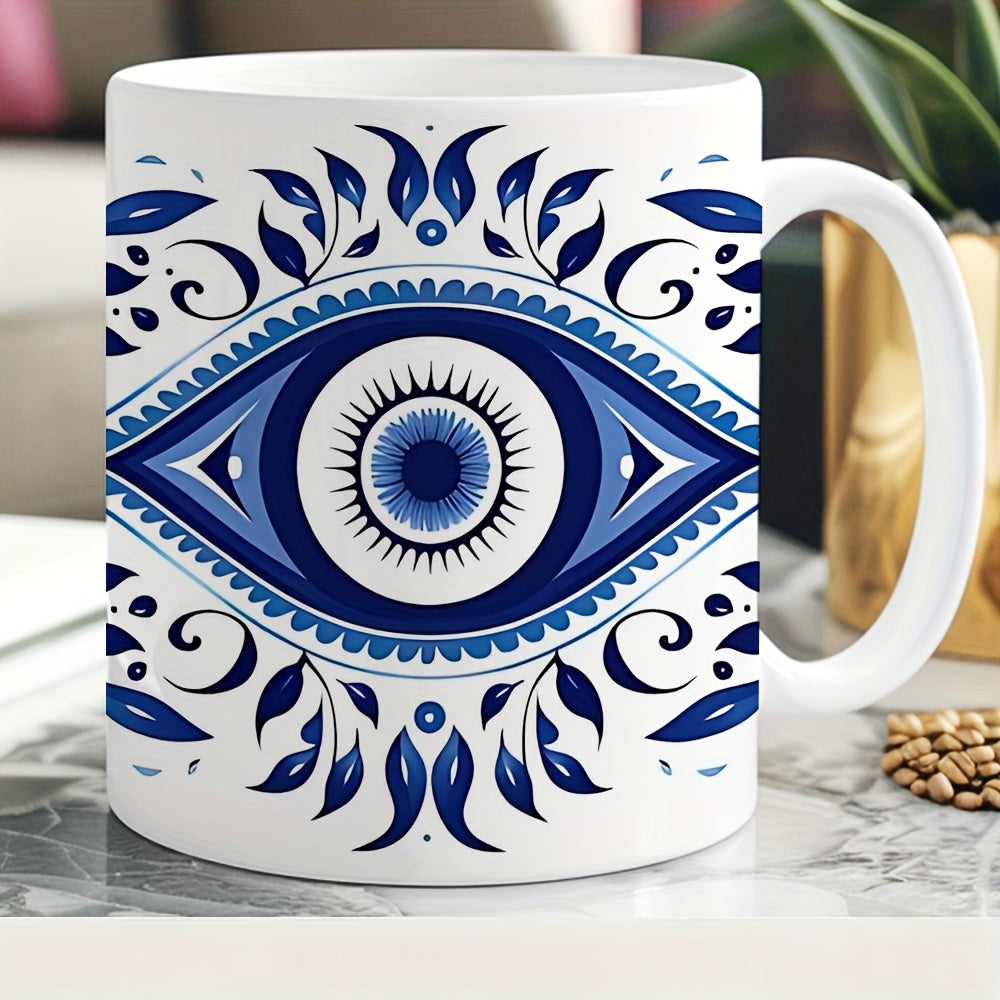 Tailorly White Ceramic 11 oz Mug - Intricate Blue Mediterranean Floral Flourishes Circling A Protective Ancient Talisman Eye