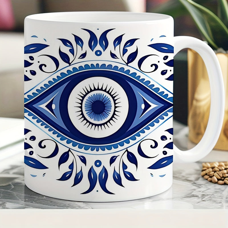 Tailorly White Ceramic 11 oz Mug - Intricate Blue Mediterranean Floral Flourishes Circling A Protective Ancient Talisman Eye