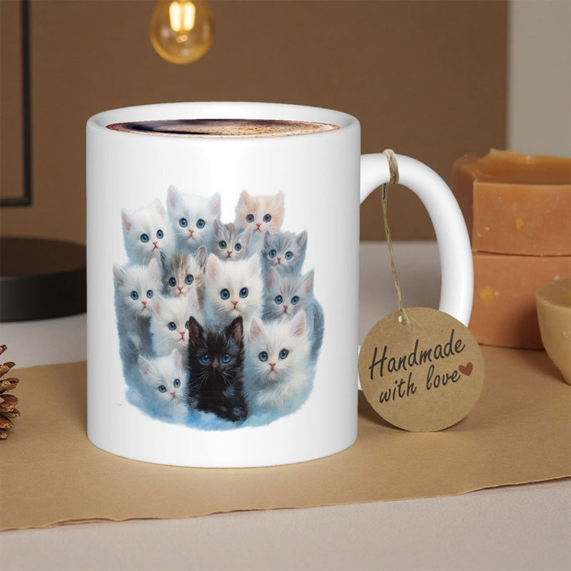 Tailorly White Ceramic 11 oz Mug - Handmade With Love Adorable Fluffy Young Cats Huddled In A Soft Group Kittens