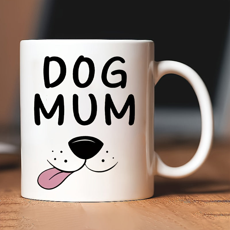 Tailorly White Ceramic 11 oz Mug - Dog Mum Playful Cartoon Canine Face With Pink Tongue Sticking Out Under Cute Snout Dog