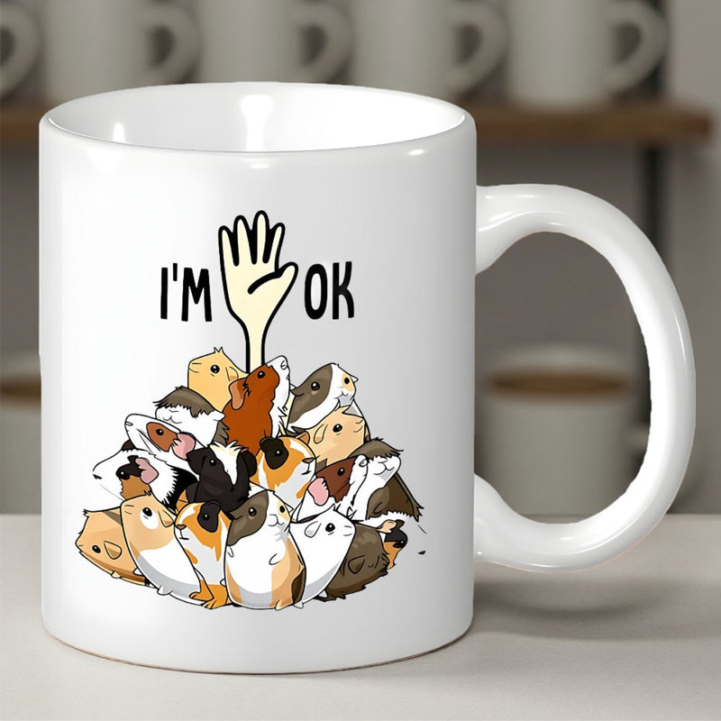 Tailorly White Ceramic 11 oz Mug - Im Ok Mountain Of Cute Colorful Little Fluffy Pets Under Reaching Hand Guinea Pig