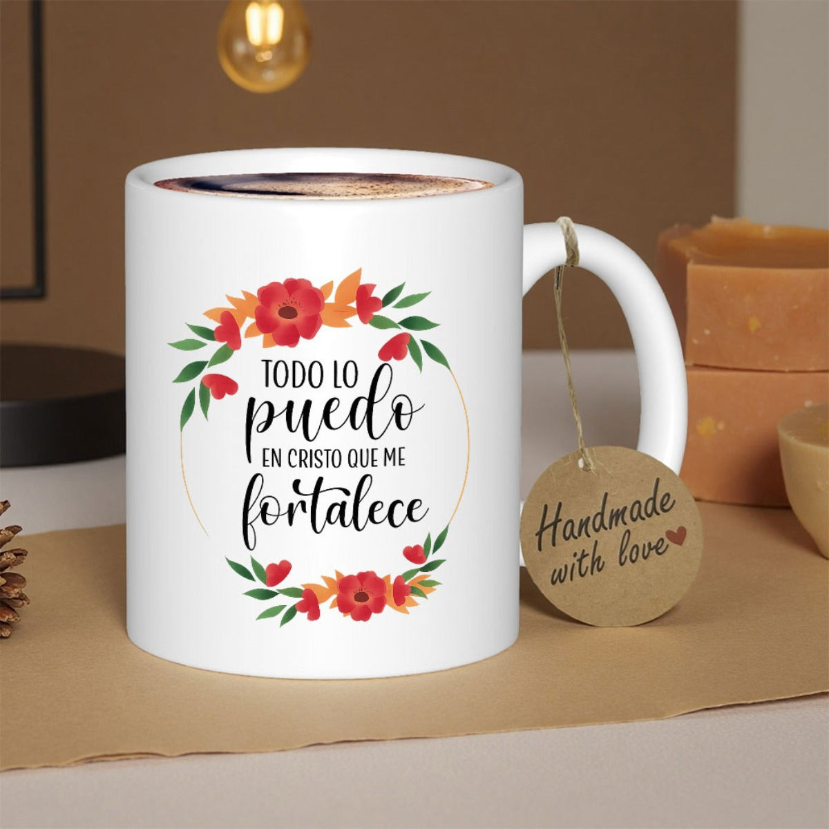 Tailorly White Ceramic 11 oz Mug - Handmade With Love Delicate Red Flowers And Green Leaves Arranged In A Circular Wreath Mug
