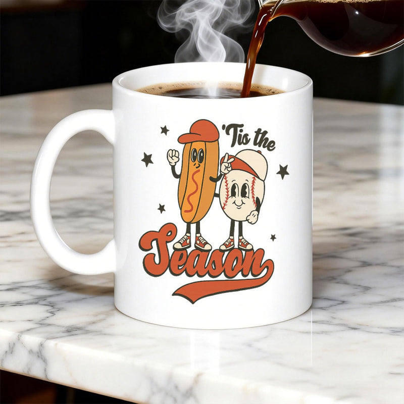Tailorly White Ceramic 11 oz Mug - Tis The Season Retro Cartoon Hot Dog And Baseball Friends Celebrating Holiday Theme Characters