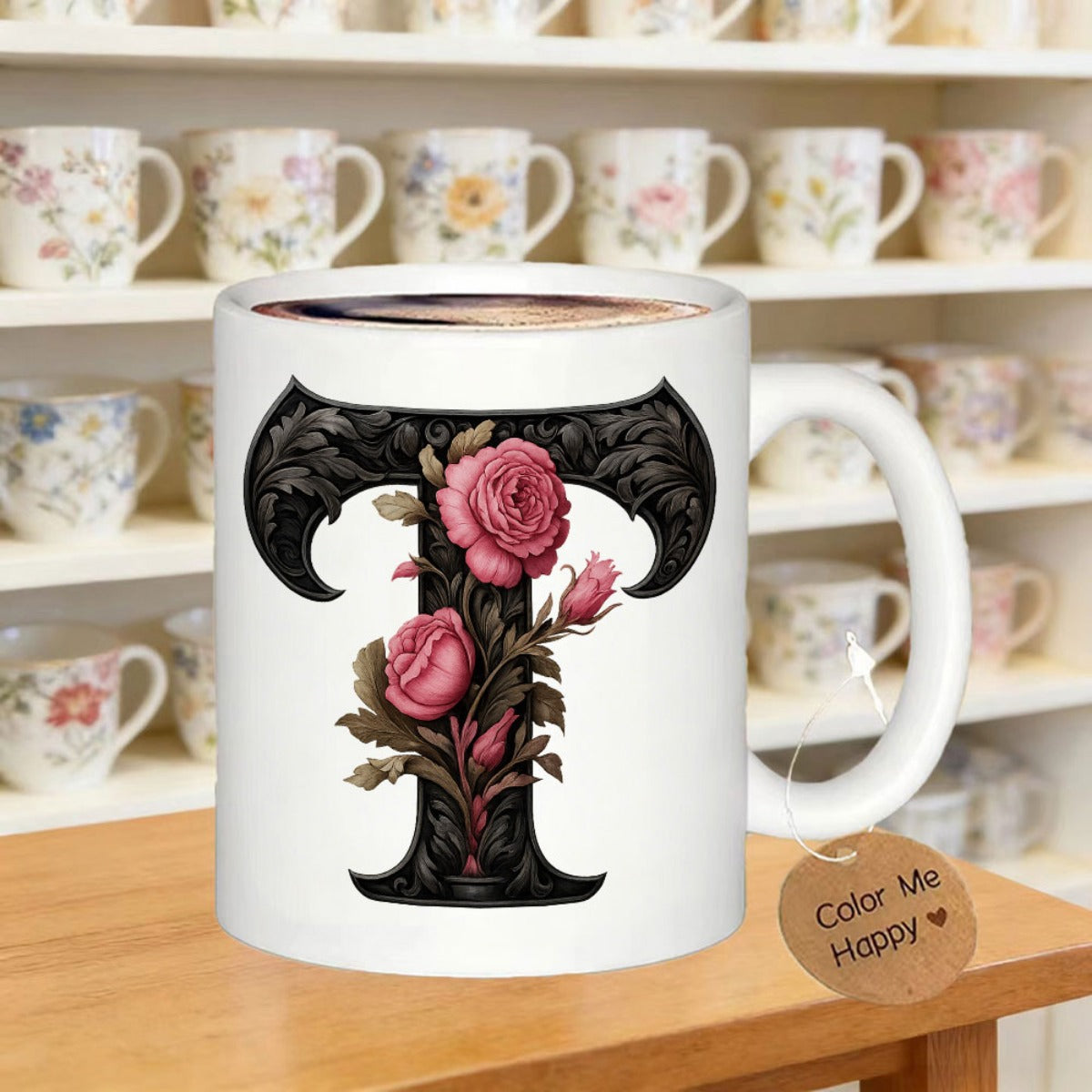 Tailorly White Ceramic 11 oz Mug - Color Me Happy Ornate Vintage Style Decorated With Pink Roses And Foliage Letter T