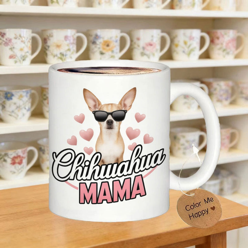 Tailorly White Ceramic 11 oz Mug - Chihuahua Mama Adorable Pet Wearing Dark Sunglasses Among Floating Pink Hearts Chihuahua