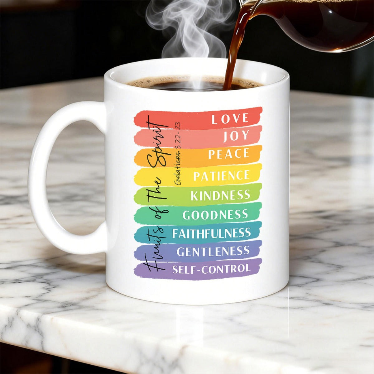 Tailorly White Ceramic 11 oz Mug - Love Joy Peace Patience Kindness Goodness Faithfulness Gentleness Self Control Fruits Of The Spirit Galatians Vibrant Colorful