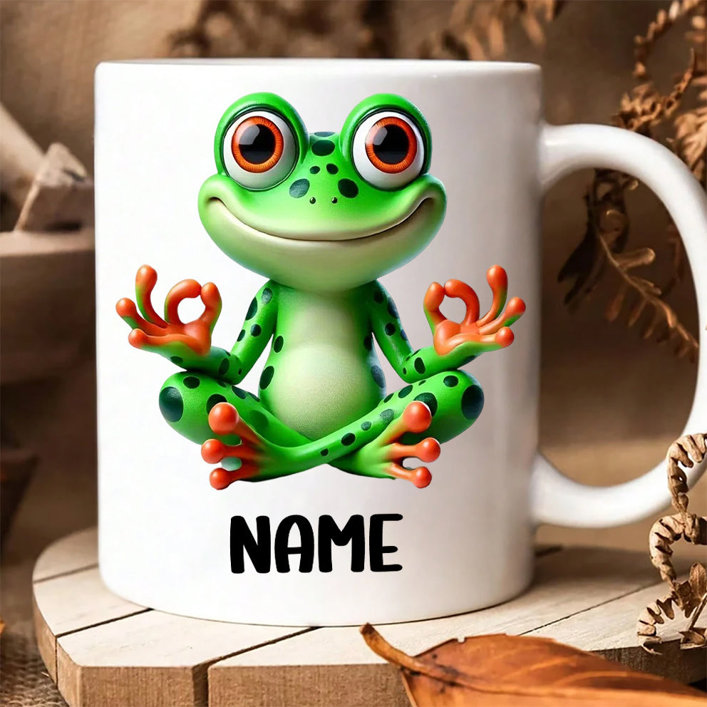 Tailorly White Ceramic 11 oz Mug - Name Peaceful Green Character With Large Orange Eyes Sitting In Lotus Pose Frog