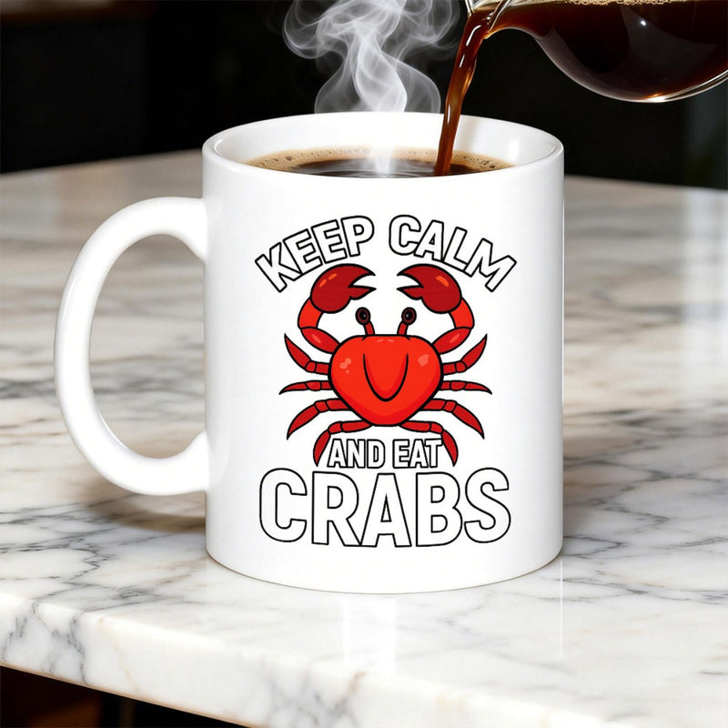 Tailorly White Ceramic 11 oz Mug - Keep Calm And Eat Crabs Friendly Red Sea Creature With Large Claws Design Crab