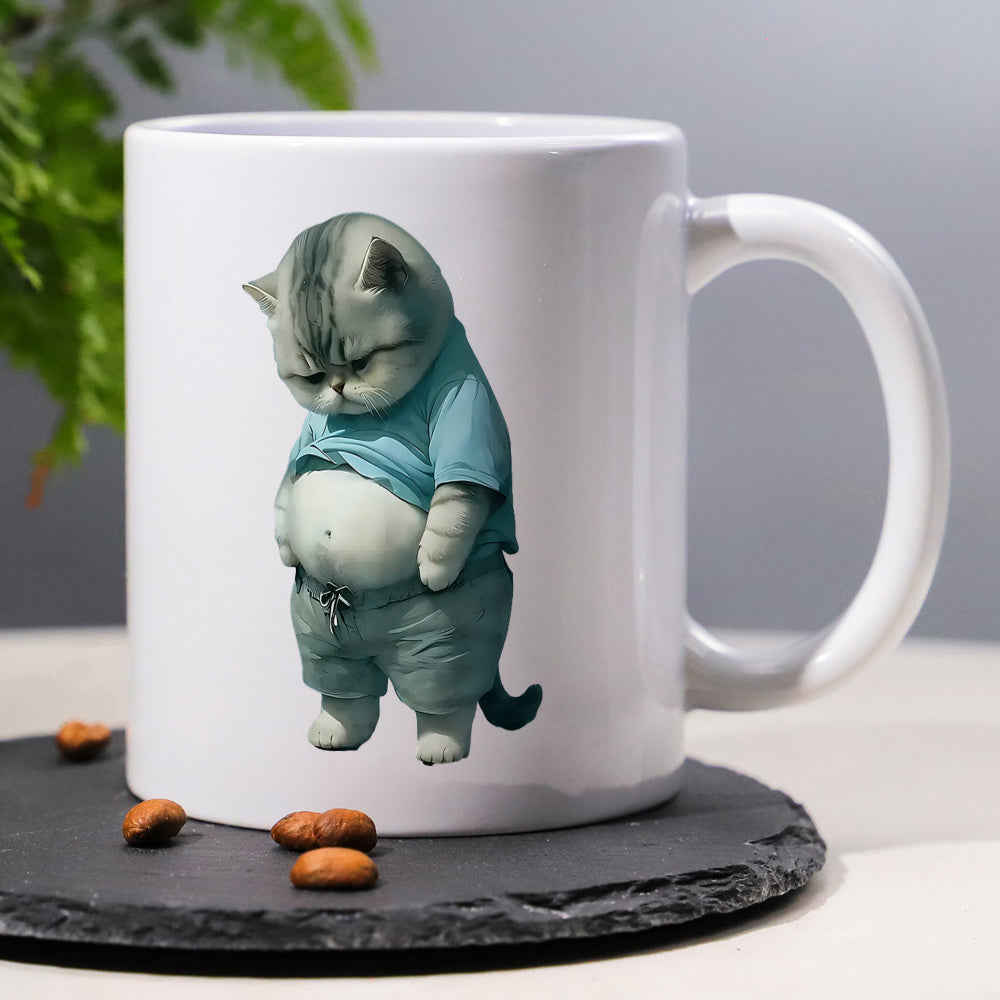 Tailorly White Ceramic 11 oz Mug - Grumpy Chubby Grey Kitten Wearing A Small Blue Shirt And Shorts Cat