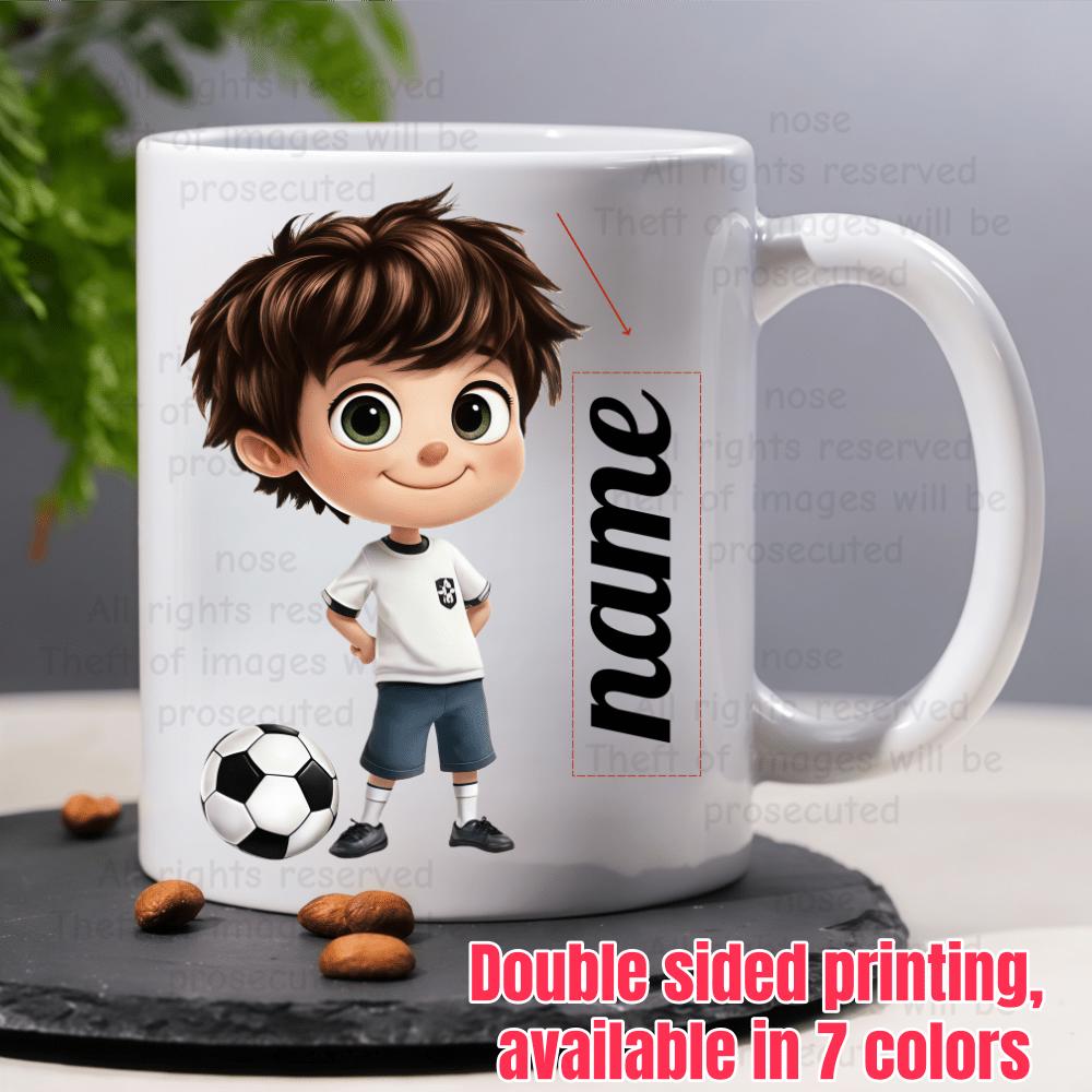 Tailorly White Ceramic 11 oz Mug - Name Energetic Cartoon Child Standing With Soccer Ball In Sporty Gear Boy