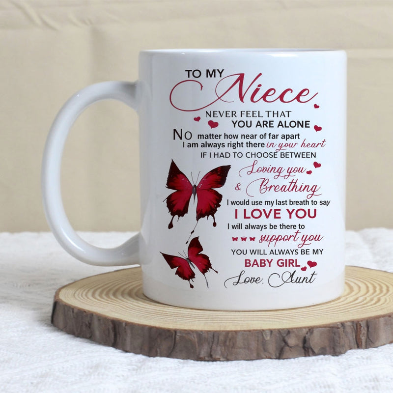 Tailorly White Ceramic 11 oz Mug - To My Niece Two Vibrant Red Butterflies Flying With Small Romantic Hearts Butterfly