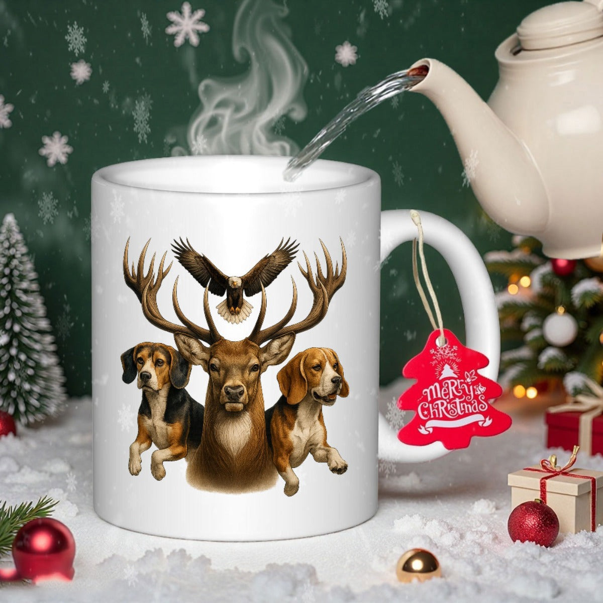 Tailorly White Ceramic 11 oz Mug - Merry Christmas Majestic Antlers Between Loyal Beagle Dogs Under Soaring Wild Eagle Deer