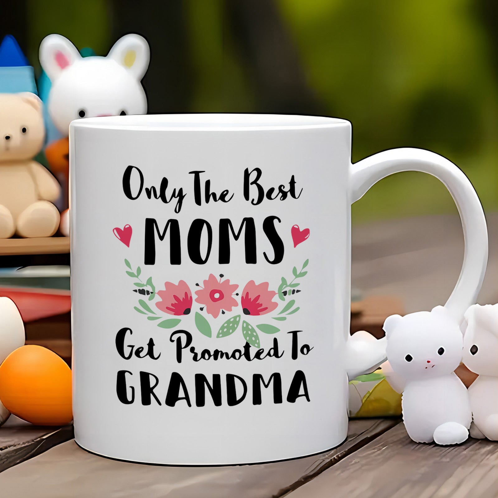 Tailorly White Ceramic 11 oz Mug - Only The Best Moms Get Promoted To Grandma Delicate Pink Floral Accents And Tiny Hearts Centered On