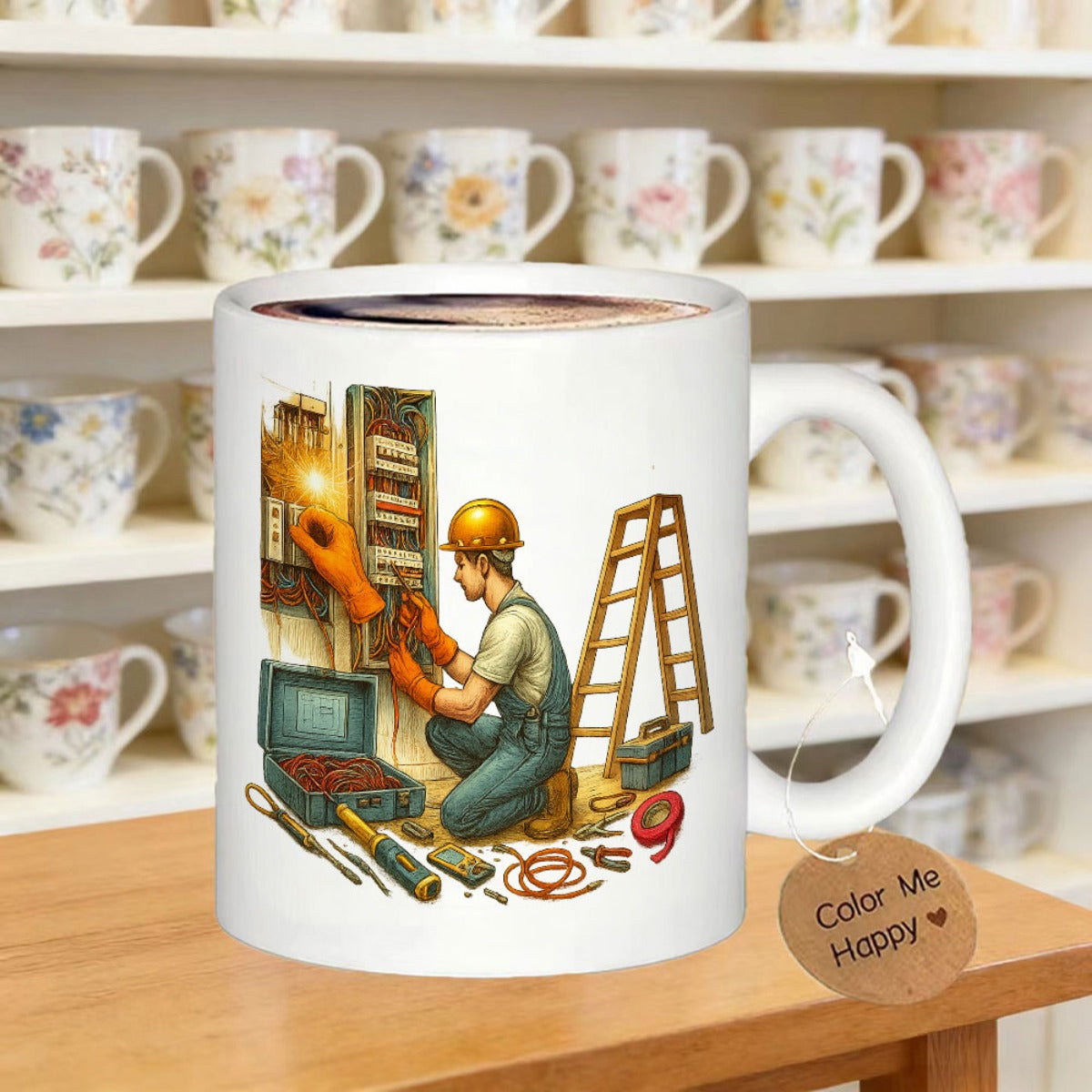Tailorly White Ceramic 11 oz Mug - Focused Professional Worker Repairing Electrical Panel With Safety Equipment And Tools Electrician