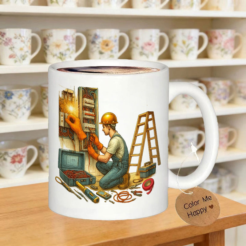 Tailorly White Ceramic 11 oz Mug - Focused Professional Worker Repairing Electrical Panel With Safety Equipment And Tools Electrician