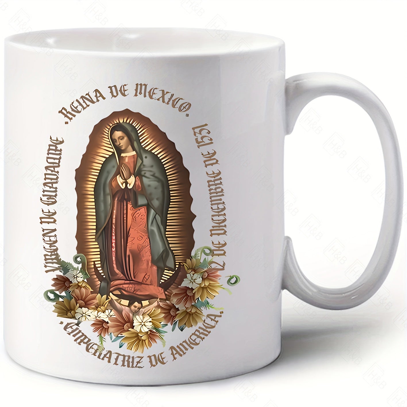 Tailorly White Ceramic 11 oz Mug - Intricate Religious Artwork Featuring Radiant Rays With Elegant Floral Accents Virgin