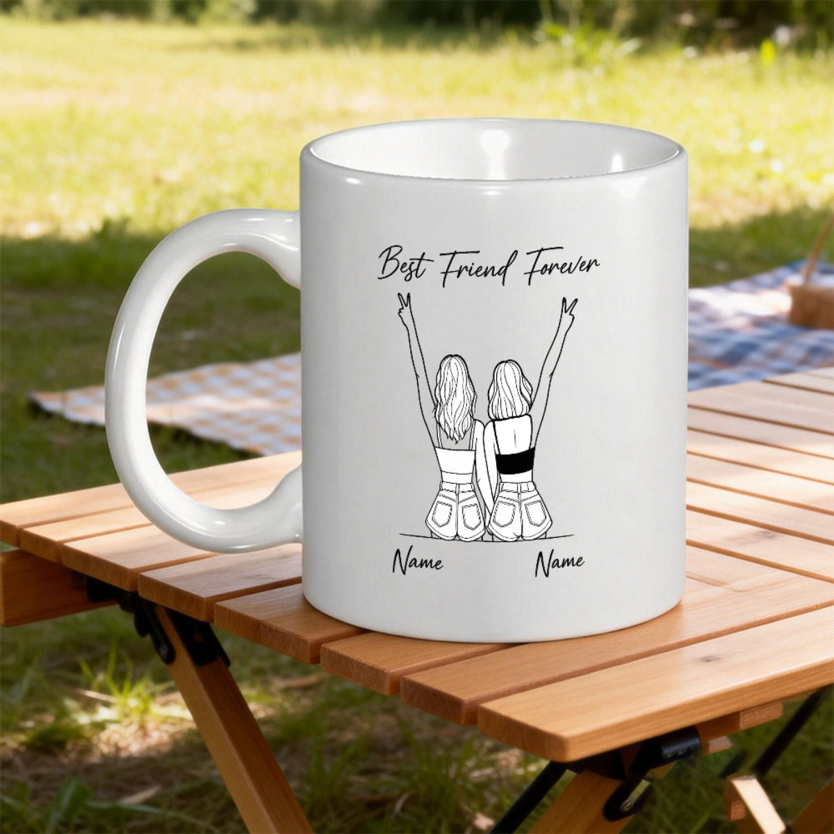 Tailorly White Ceramic 11 oz Mug - Best Friend Forever Name Name Minimalist Black Line Drawing Of Two Girls Sitting Together Showing Peace Signs Sketch