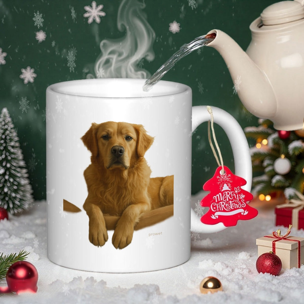 Tailorly White Ceramic 11 oz Mug - Loyal Golden Retriever Sitting Calmly Surrounded By Festive Winter Holiday Decorations Dog