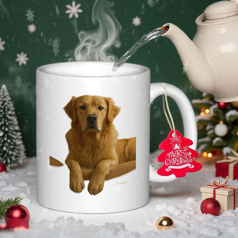 Tailorly White Ceramic 11 oz Mug - Loyal Golden Retriever Sitting Calmly Surrounded By Festive Winter Holiday Decorations Dog