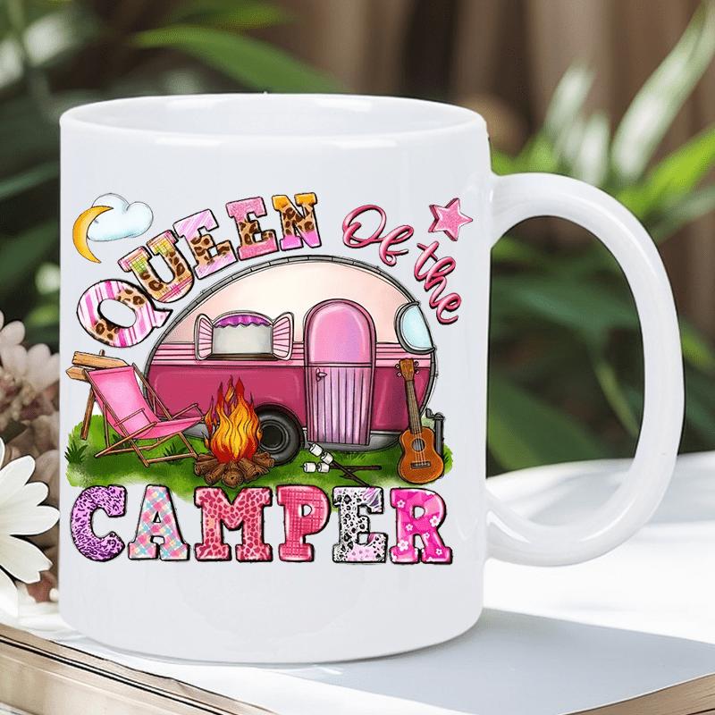 Tailorly White Ceramic 11 oz Mug - Queen Of The Camper Pink Vintage Trailer Parked Near Glowing Campfire With Lounge Chair Camper