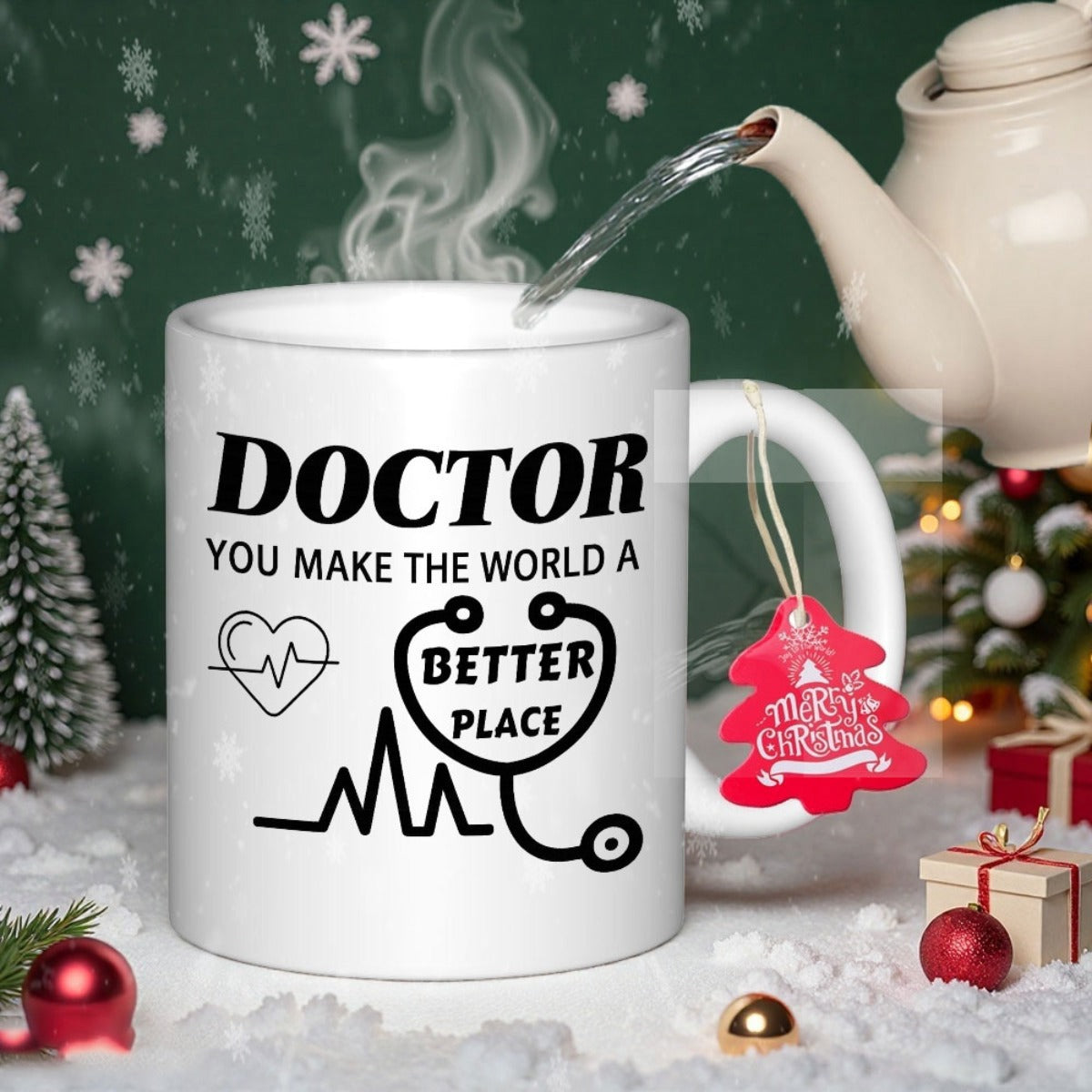 Tailorly White Ceramic 11 oz Mug - Doctor You Make The World A Better Place Medical Symbols With Heartbeat Line And Heart Shape Showing Care Stethoscope