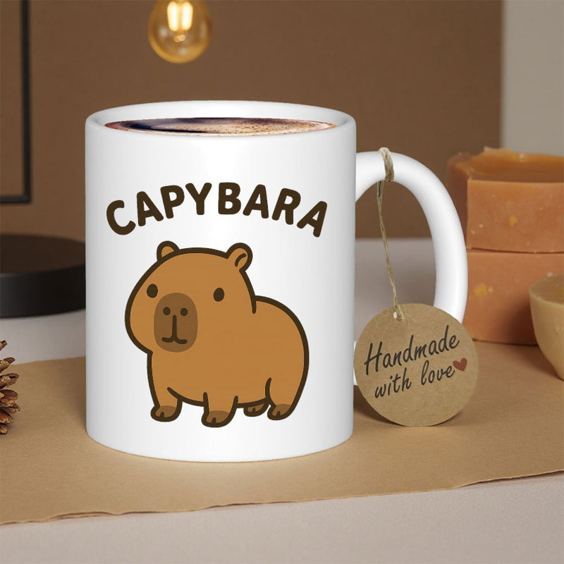 Tailorly White Ceramic 11 oz Mug - Capybara Cute Brown Cartoon Animal Standing Calmly With Bold Arched Lettering Capybara
