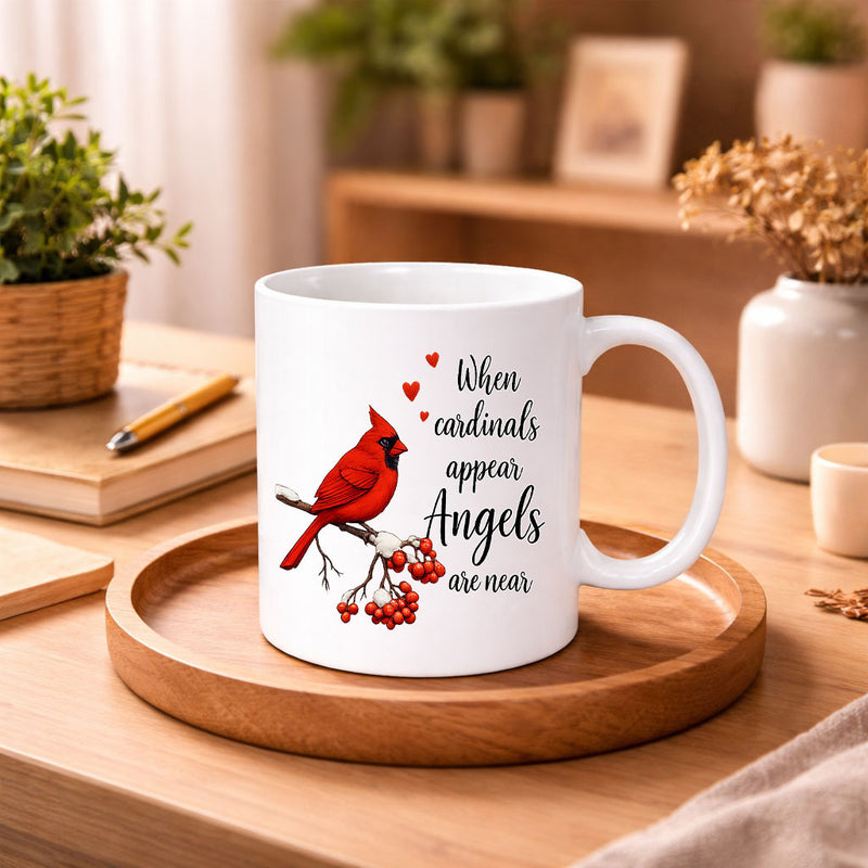 Tailorly White Ceramic 11 oz Mug - When Cardinals Appear Angels Are Near Vibrant Red Cardinal Perched On Snowy Winter Branch With Hearts Cardinal
