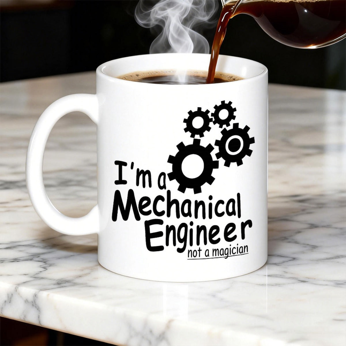 Tailorly White Ceramic 11 oz Mug - Im A Mechanical Engineer Not A Magician Interlocking Industrial Metal Gears Spinning Together In A Coordinated Mechanical System
