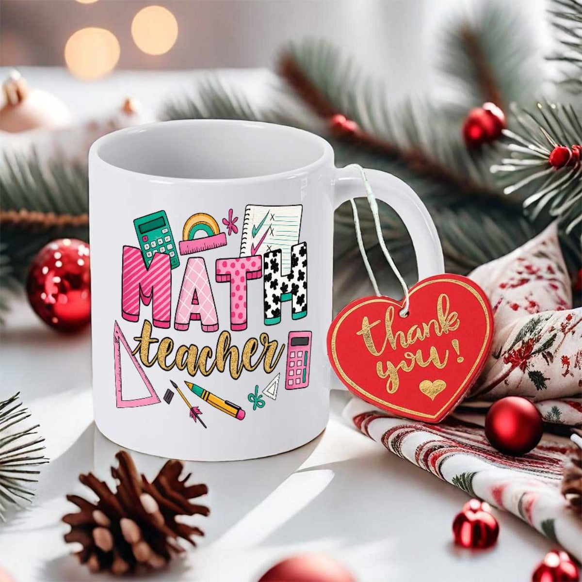 Tailorly White Ceramic 11 oz Mug - Math Teacher Thank You Colorful School Supplies And Mathematical Symbols On A Bright