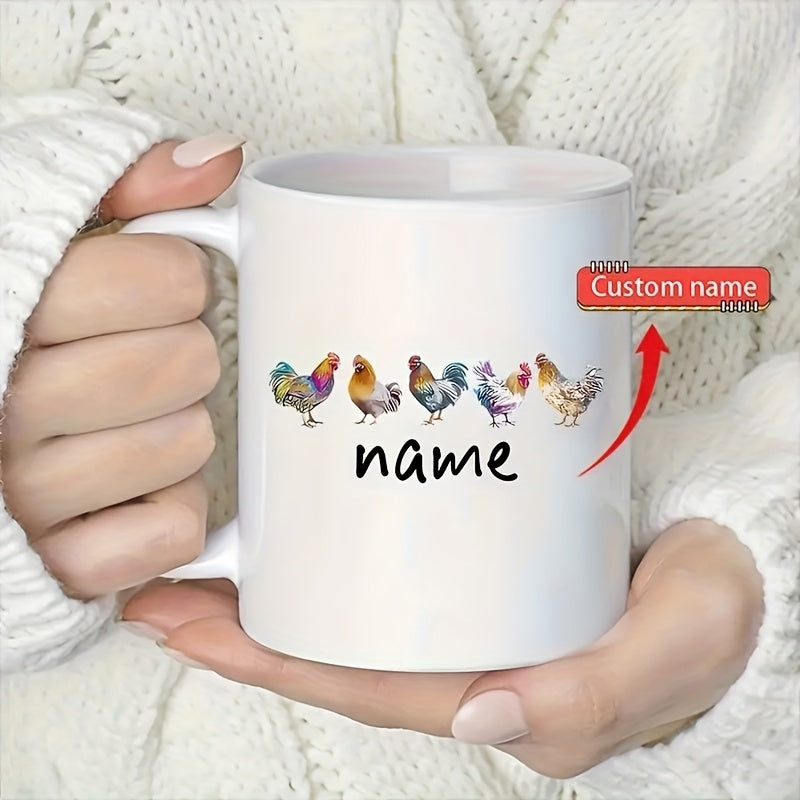 Tailorly White Ceramic 11 oz Mug - Name Row Of Artistic Colorful Farm Birds Standing Together Chicken