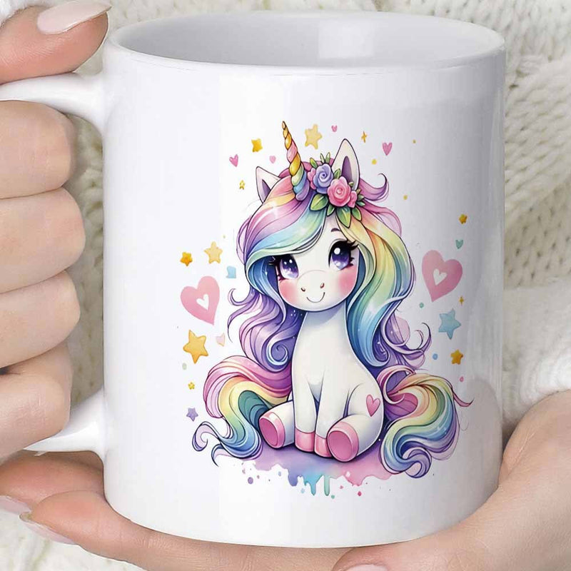 Tailorly White Ceramic 11 oz Mug - Beautiful Rainbow Mane Sitting Surrounded By Pastel Hearts And Stars Unicorn