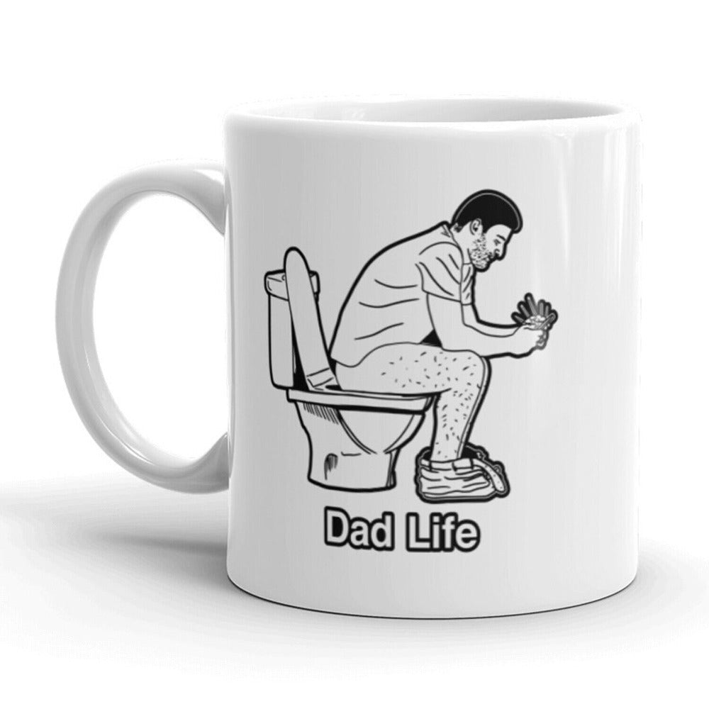 Tailorly White Ceramic 11 oz Mug - Dad Life Minimalist Black Line Art Drawing Of A Father Relaxing On Toilet Dad