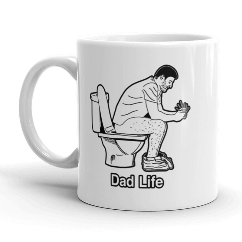 Tailorly White Ceramic 11 oz Mug - Dad Life Minimalist Black Line Art Drawing Of A Father Relaxing On Toilet Dad