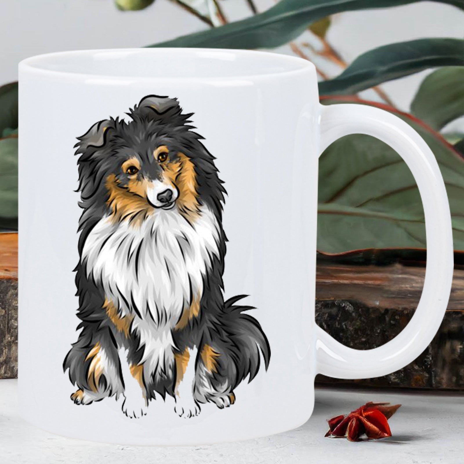 Tailorly White Ceramic 11 oz Mug - Beautiful Fluffy Tri Colored Shetland Sheepdog Sitting With Friendly Eyes Dog