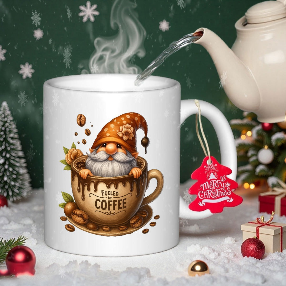 Tailorly White Ceramic 11 oz Mug - I Love Coffee Festive Holiday Character Resting Inside Steam Hot Cocoa Cup Gnome