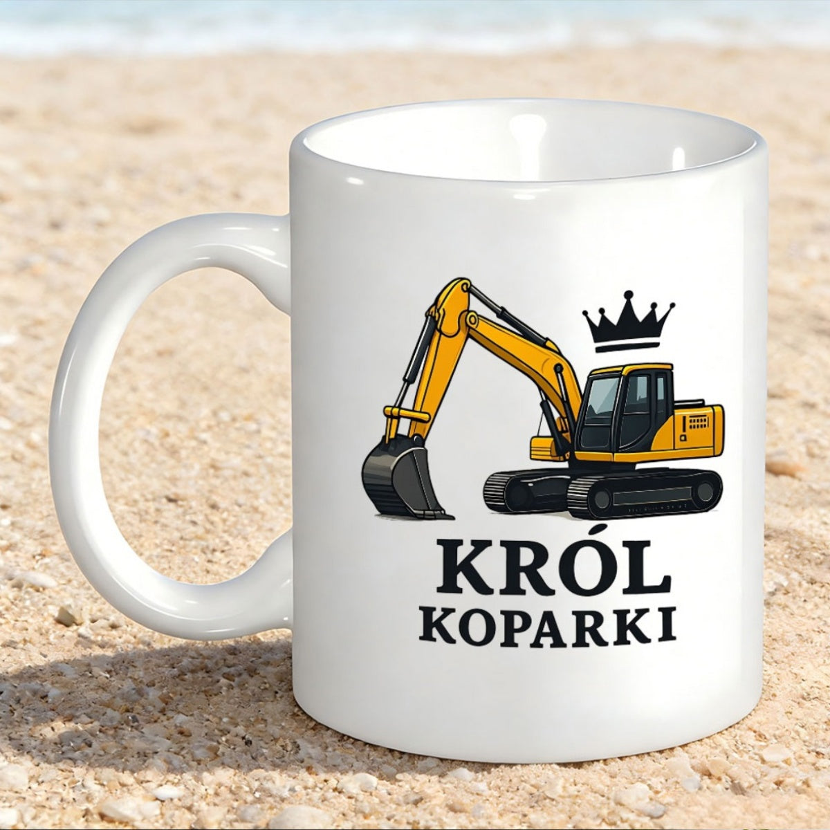 Tailorly White Ceramic 11 oz Mug - Yellow Heavy Duty Construction Vehicle With A Black Royal Crown Excavator