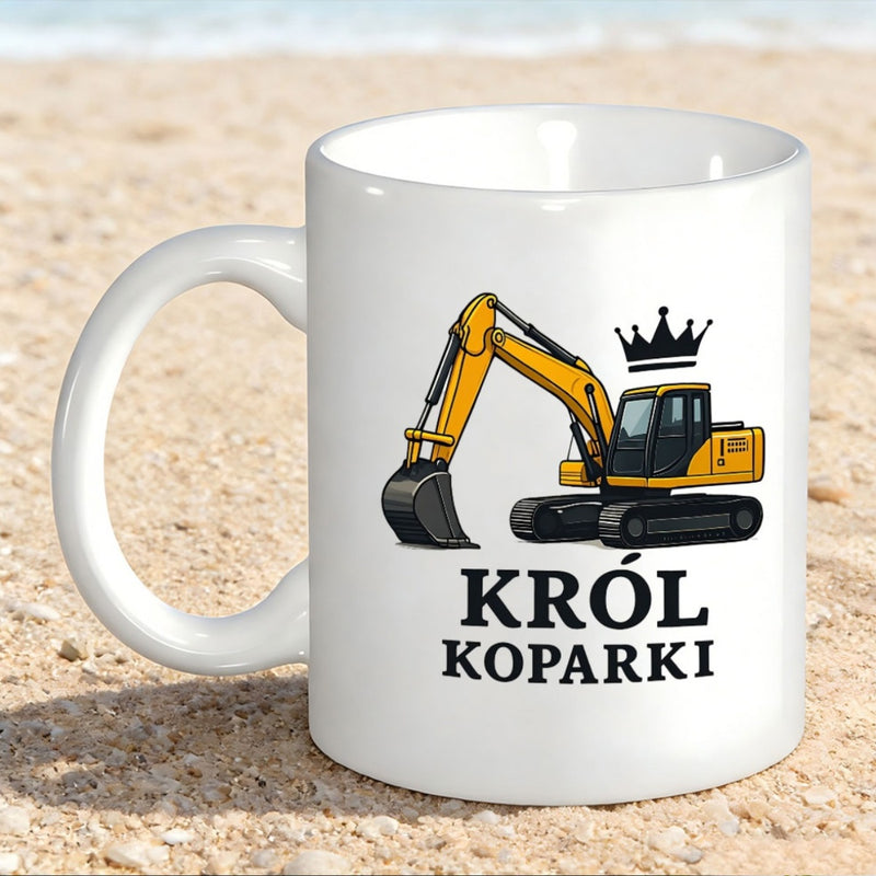 Tailorly White Ceramic 11 oz Mug - Yellow Heavy Duty Construction Vehicle With A Black Royal Crown Excavator