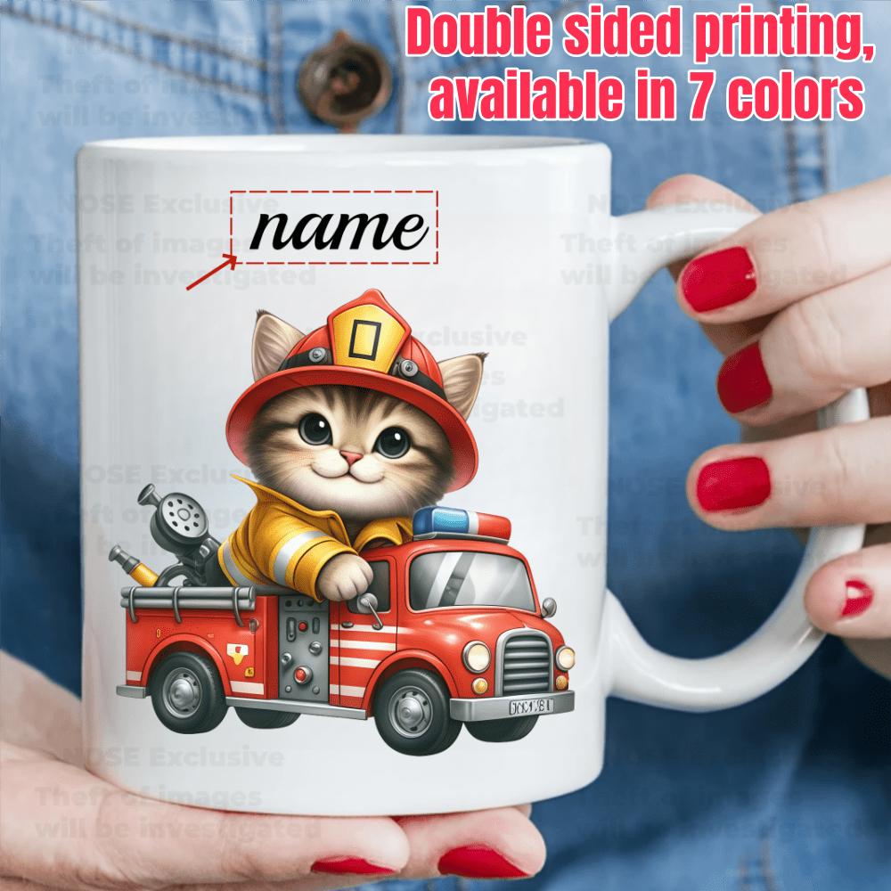 Tailorly White Ceramic 11 oz Mug - Name Brave Kitten Wearing Helmet Riding Inside Miniature Red Emergency Vehicle Firetruck