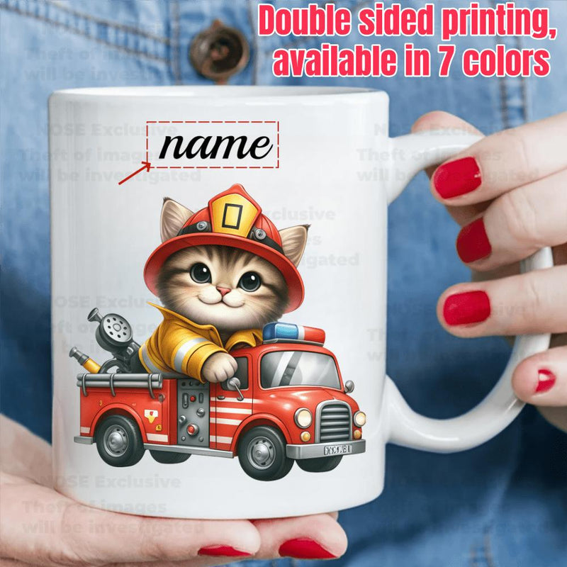 Tailorly White Ceramic 11 oz Mug - Name Brave Kitten Wearing Helmet Riding Inside Miniature Red Emergency Vehicle Firetruck