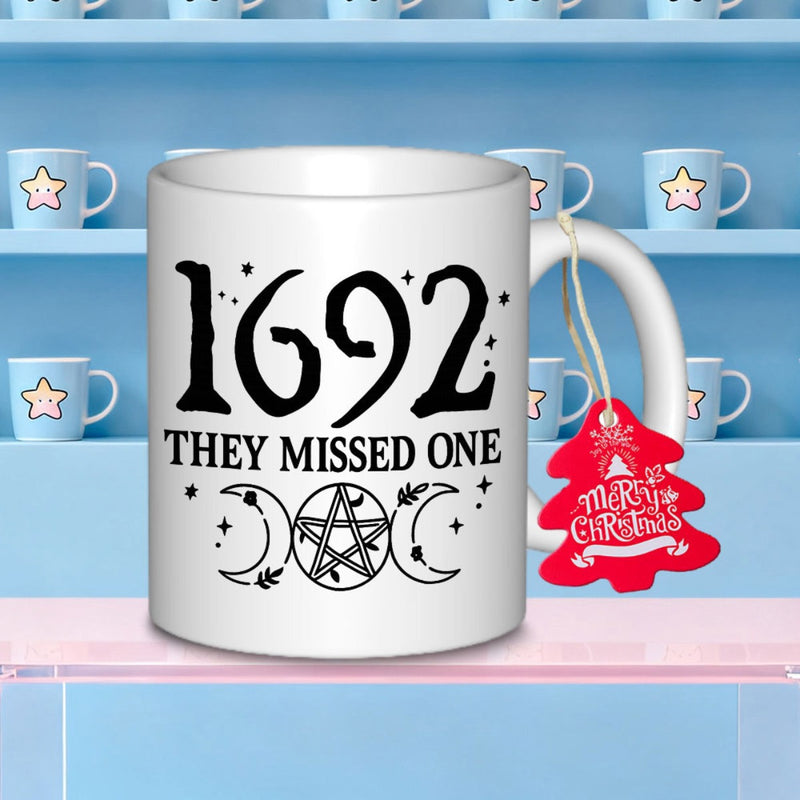 Tailorly White Ceramic 11 oz Mug - 1692 They Missed One Rustic Witchcraft Symbols With Pentagram And Triple Moon Mug