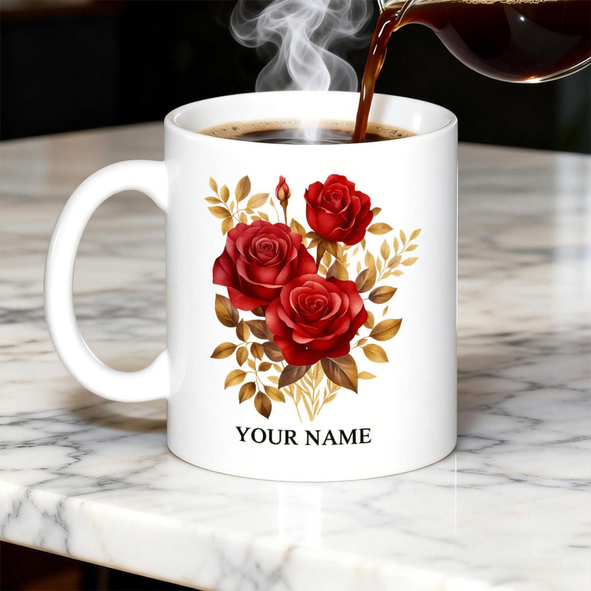 Tailorly White Ceramic 11 oz Mug - Your Name Three Blooming Red Roses Surrounded By Elegant Golden Autumnal Leaves Rose